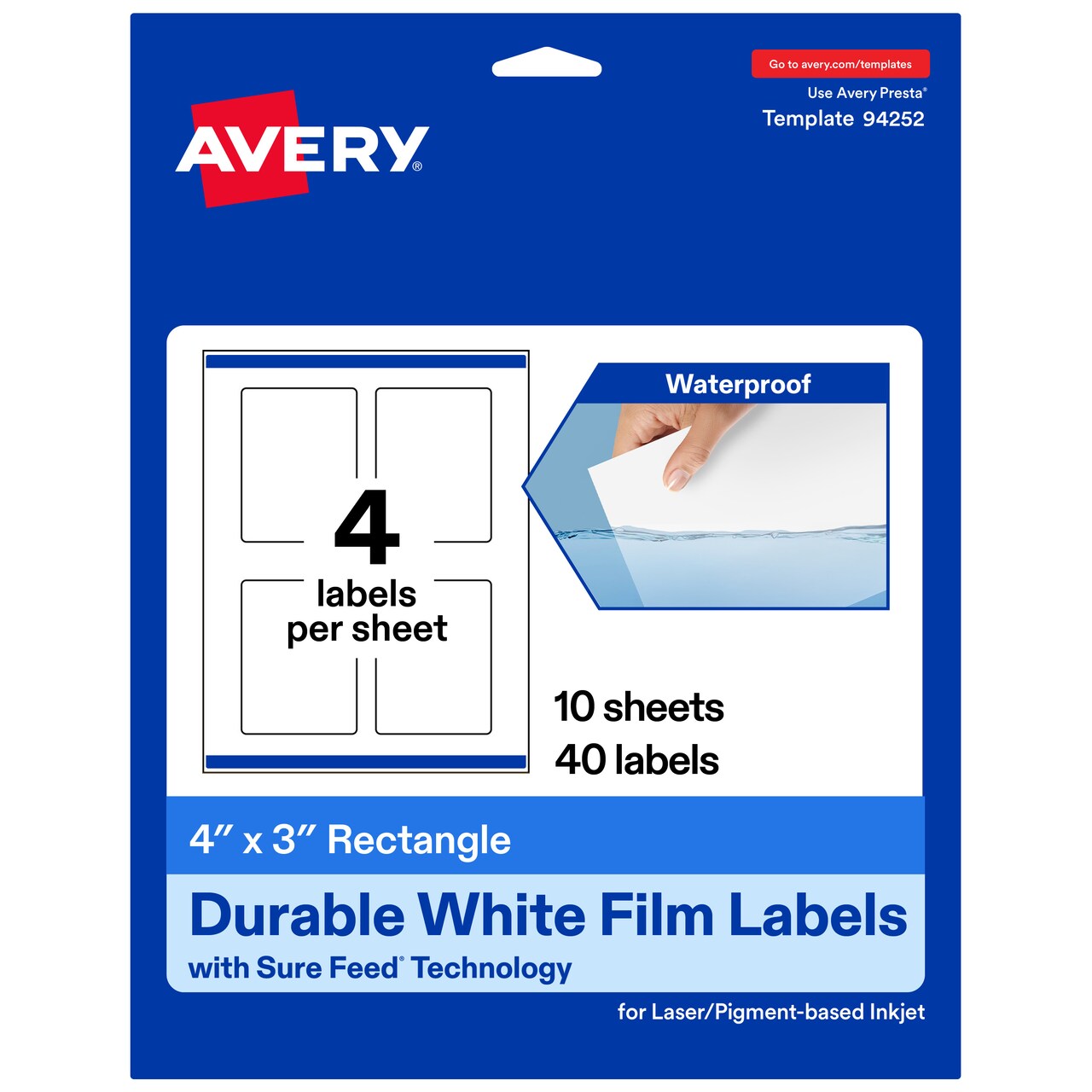 Avery Durable Waterproof Rectangle Labels with Sure Feed, 4" x 3"